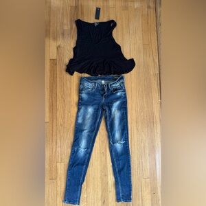 Lulus Black Ruffle Hem Top (S, NWT) + Mango Uptown Skinny Jeans